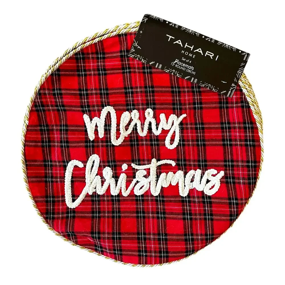 Tahari MERRY CHRISTMAS Red Tartan Plaid Placemats 15in Set of 4 Holiday New